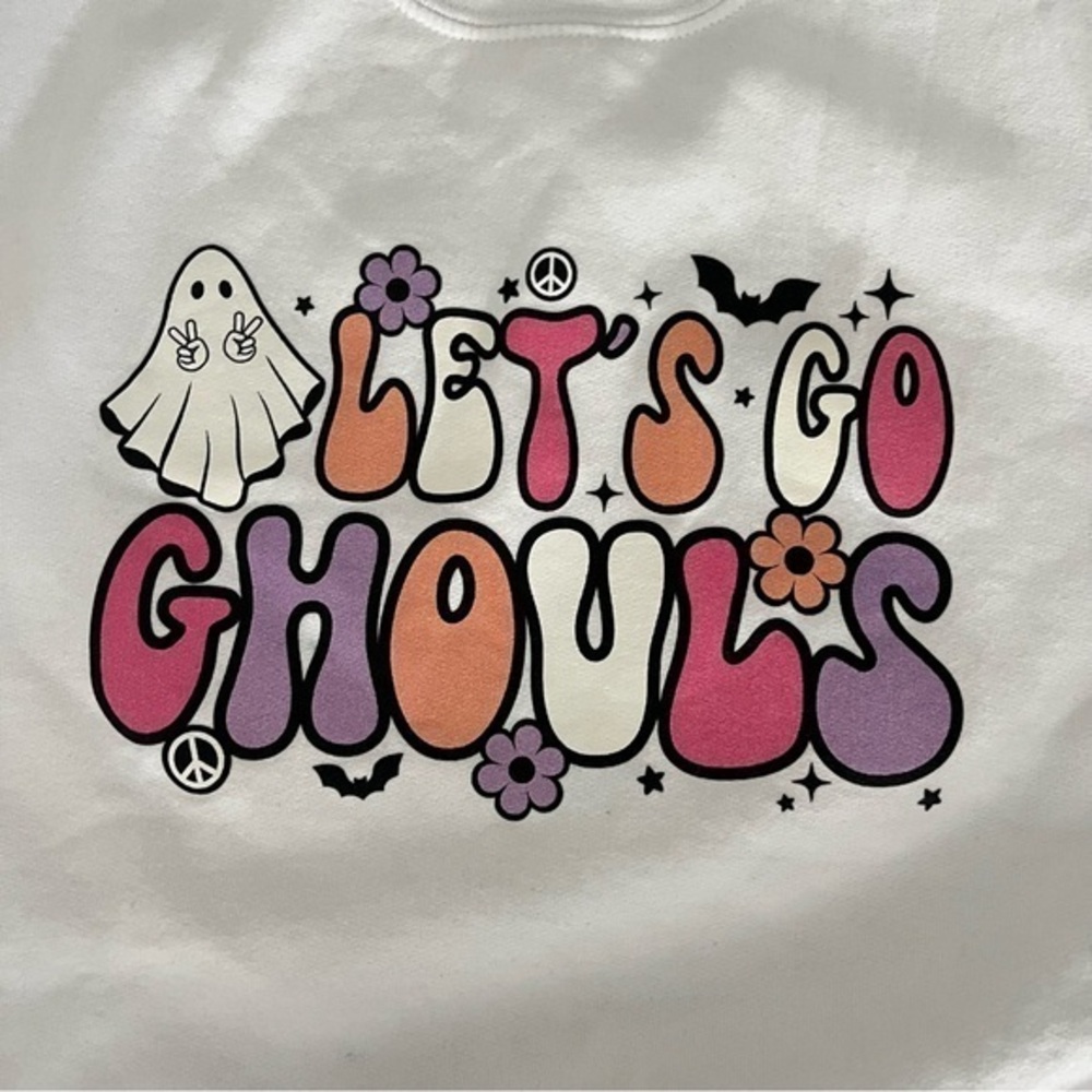 Lets Go Ghouls White Sweatshirt Medium Halloween Ghost Peace Bat Retro Vibes - Picture 2 of 8